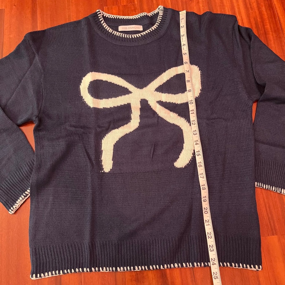 Blue‎ White Bow Sweater Navy Miss Sparkling Knit Crew Long Sleeve New Size Large - Picture 6 of 8